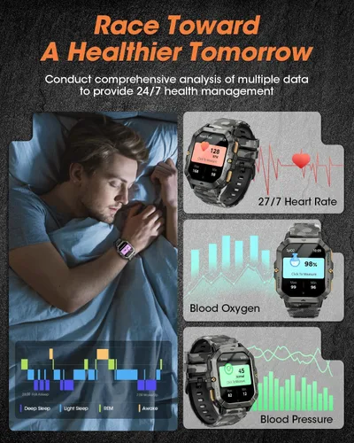 Miniatura 2 de Relojes inteligentes militares para hombres (responder/hacer llamadas), relojes para hombres con presión arterial/frecuencia cardíaca/sueño/más