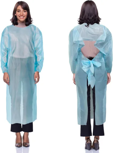 AMZ Medical Supply Vestidos desechables de polietileno, azul XL, 55 pulgadas de largo, muñeca elástica, cierre de lazo en la cintura, overoles de