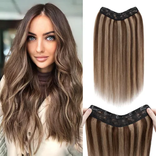 Miniatura 15 de Benehair Extensiones de cabello humano real de una pieza con clip, 3/4, cabeza completa, en forma de V, trama más gruesa, malla de encaje, Negro
