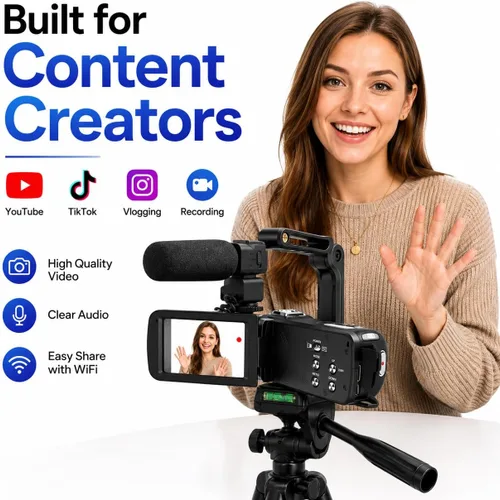 Miniatura 2 de Acuvar Videocámara 4K 60FPS 48MP con WiFi, zoom 18X, pantalla abatible, micrófono externo, estabilizador y trípode, kit de cámara de vlogging con 2