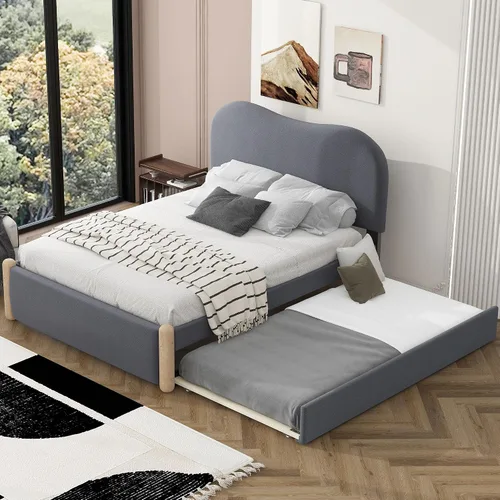 Miniatura 22 de SOFTSEA Cama de plataforma de tamaño matrimonial con nido, cama matrimonial tapizada con cabecero curvado para niños, adolescentes, invitados, tela