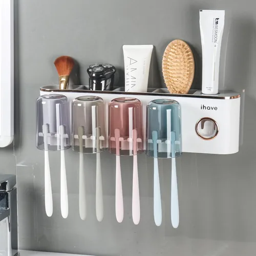Miniatura 11 de iHave Portacepillos de dientes, accesorios de baño con dispensador de pasta de dientes, 3 tazas, soporte para cepillos de dientes, decoración