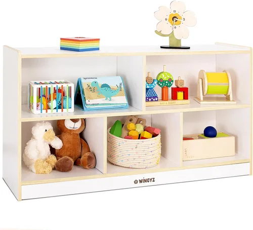 Miniatura 8 de wingyz Organizador de almacenamiento de madera, 35.5 pulgadas de largo, estante Montessori de 5 secciones para juguetes y libros, armario de madera