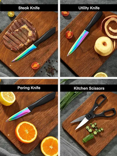 Miniatura 4 de Aiheal Juego de cuchillos, 16 piezas de acero inoxidable de alto carbono, juego de cuchillos de cocina de color arcoíris, hoja de revestimiento