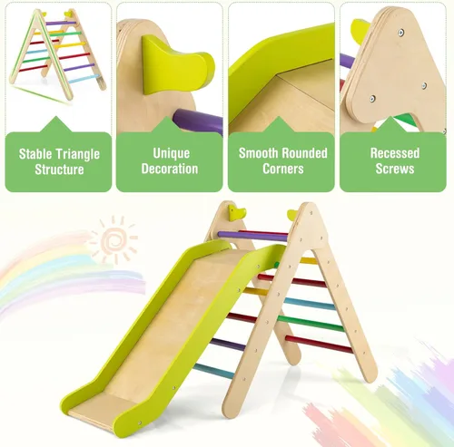 Miniatura 6 de HONEY JOY Escaladora triangular con rampa, escalera triangular para niños para guardería, gimnasio y parque infantil, juguetes de escalada Colorido
