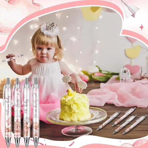 Miniatura 4 de Chuangdi 24 bolígrafos de oso rosa para baby shower, bolígrafos retráctiles a granel, tinta negra con regalos para invitados, suministros escolares