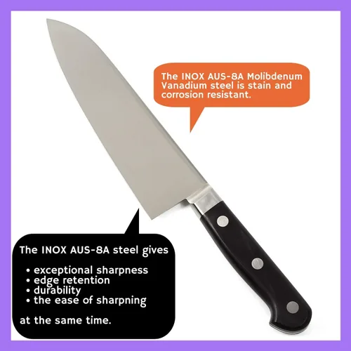 Miniatura 4 de Cuchillo de chef japonés multiusos INOX AUS-8A acero inoxidable mango de madera de Pakkawood negro, Santoku 7 pulgadas (7.087 in)