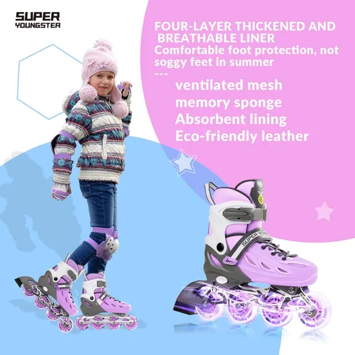 Miniatura 2 de SUPER YOUNGSTER Patines en línea ajustables para niños y niñas de 4 a 12 años con ruedas iluminadas, patines en línea para niños y niñas Púrpura