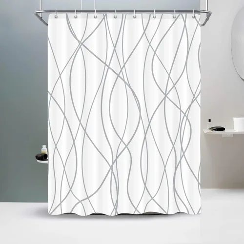 Miniatura 45 de Juego de cortinas de ducha azul egeo para baño con ganchos, cortinas de baño decorativas repelentes al agua y lavables con rayas blancas, 72 x 72