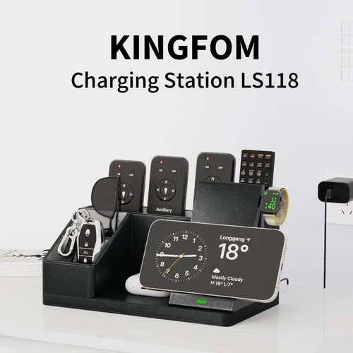Miniatura 9 de KINGFOM Organizador de escritorio de cuero con estación de carga Multifuncional Soporte para teléfono, bolígrafos y lápices para escritorio