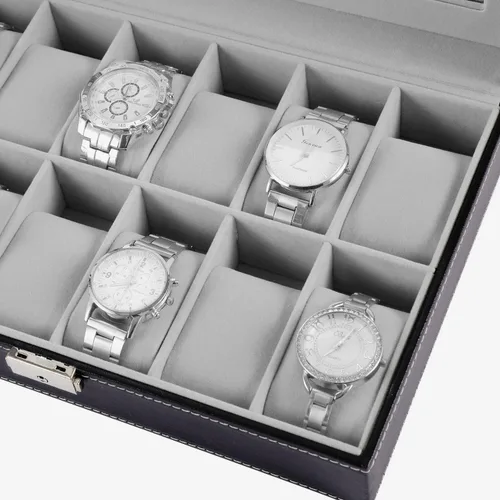 Miniatura 8 de Caja de reloj con 12 ranuras para reloj, organizador con parte superior de cristal, caja de almacenamiento de reloj negra para hombres y mujeres