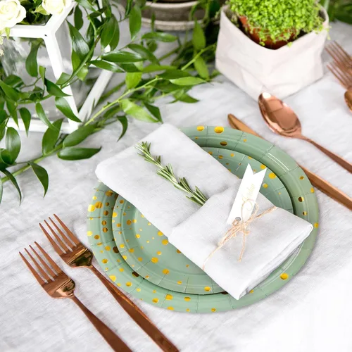 Miniatura 6 de Whaline 175 piezas de suministros de fiesta verde salvia con puntos dorados, platos de papel, servilletas y vasos, juego de vajilla desechable