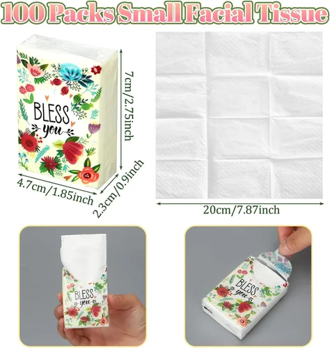 Miniatura 3 de Therwen Paquete de 100 pañuelos de bolsillo a granel, 1000 hojas, mini pañuelos a granel, 3 capas, tamaño de viaje pequeño, tamaño de bolsillo