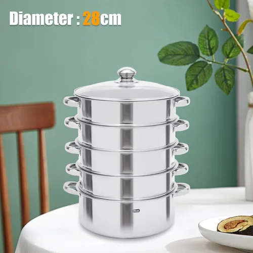 Miniatura 7 de Cocina de vapor de acero inoxidable de 5 capas, vaporizador de 11 pulgadas para cocinar alimentos, tapa de vidrio, adecuada para tamales, verduras