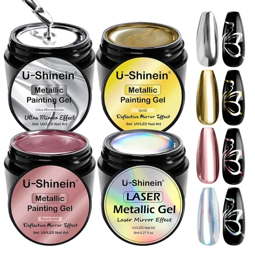 Miniatura 9 de Gel de pintura metálica de 2 x 0.3 fl oz, esmalte de uñas plateado y dorado, pintura de metal 3D, esmalte de gel de dibujo de espejo, esmalte
