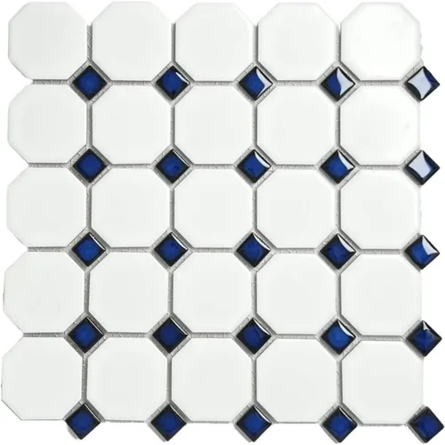 Tenedos Mosaico de porcelana octagonal blanco mate con puntos azules cobalto brillantes, diseño italiano para suelos de baño y salpicaduras de