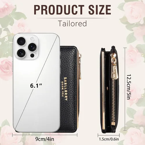 Miniatura 5 de Billetera pequeña para mujer, doble bordado, con flores, bloqueo RFID, piel sintética, con bolsillo con cremallera para mujeres y niñas (negro)