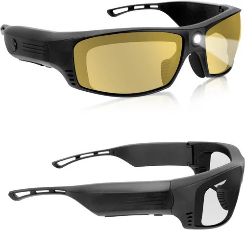 Gafas de seguridad tintadas para hombres y mujeres con luces LED recargables - Altos lúmenes, 13 horas de duración, ANSI Z87.1, armazón TR90, correa