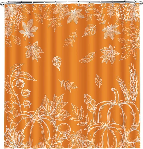 Cortina de ducha de hojas de otoño, cortinas de calabaza para baño, cortina de baño impermeable naranja feliz otoño con ganchos para decoración, 60