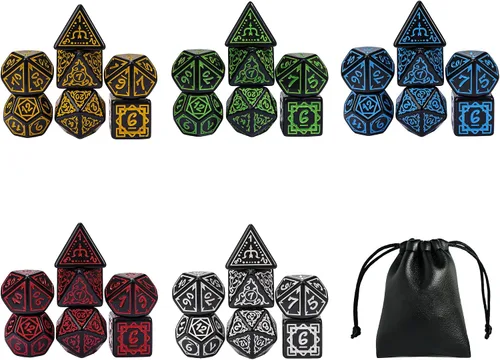Miniatura 25 de 5 juegos de dados DND, juego de dados poliédricos (35 piezas) con bolsa de troquel de cuero, juego de troqueles D&D para juegos de mesa RPG