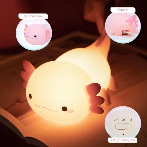 Miniatura 5 de Luz Nocturna de Axolotl, Linda Luz Nocturna para Niños, Lámpara Nocturna de Silicona para Guardería de Animales, Luz Nocturna LED Recargable