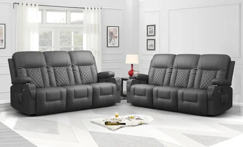 Miniatura 13 de FURNIMAT Sofá reclinable, sofá reclinable doble de 3 asientos, sofá biplaza de piel sintética, moderna silla reclinable para sala de estar, con Negro