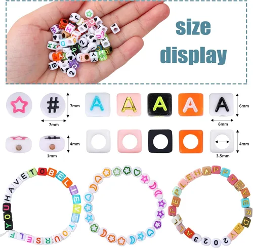 Miniatura 3 de QUEFE 2000 cuentas de letras en forma de cubo para pulseras, cuentas de números del alfabeto de 9 colores con 1 rollo de cuerda elástica