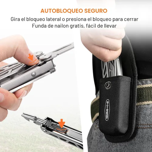 Miniatura 3 de PERWIN Multiherramienta, alicates multiherramienta de acero inoxidable 17 en 1 con autobloqueo, cuchillo de bolsillo, funda de nailon