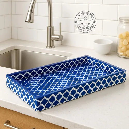Miniatura 6 de Bandeja de servir hecha a mano con incrustaciones de hueso, bandeja de desayuno de damasco marroquí azul y blanco, bandeja rectangular de madera