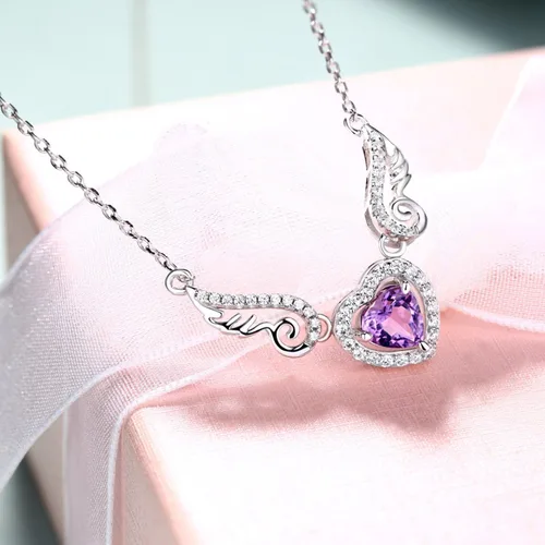 Miniatura 2 de HXZZ Fine Jewelry - Collar con colgante de plata de ley 925, piedra preciosa natural, topacio azul suizo, amatista, peridoto, amor, corazón, alas