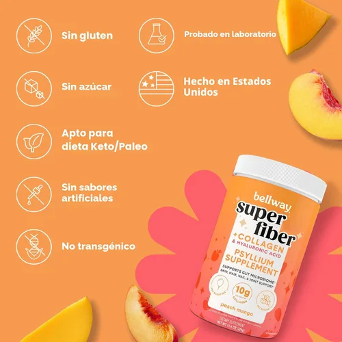 Miniatura 5 de Bellway Polvo súper fibra + colágeno, polvo de cáscara de psyllium sin azúcar con péptidos de colágeno y ácido hialurónico para la salud digestiva