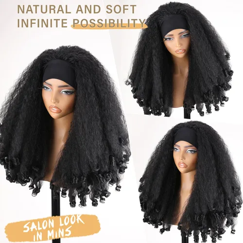Miniatura 7 de SOKU Nueva peluca rizada afro con diadema, textura de cabello sintético trenzado con rizos únicos en el extremo, negro de 20 pulgadas, pelucas