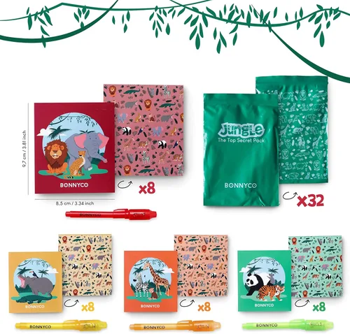 Miniatura 5 de BONNYCO Bolígrafo de tinta invisible y cuaderno de 32 recuerdos de fiesta de safari para niños Bolígrafo espía de fiesta de la selva, premios