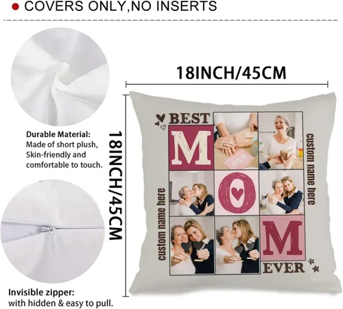 Miniatura 3 de Customizable Pillowcase with 6 Images and Text Dedicated to Mom, Decorative Cushion offering a Warm Gift for Anniversaries Birthdays Christmas or 6