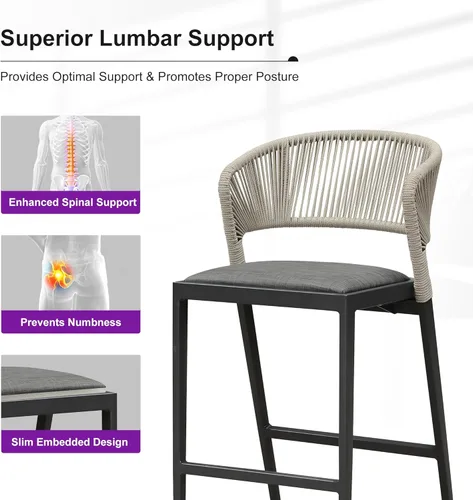 Miniatura 4 de PURPLE LEAF Juego de 2 taburetes de bar de altura de mostrador de aluminio moderno de mimbre de ratán con respaldo y cojín para cocina, césped, Gris