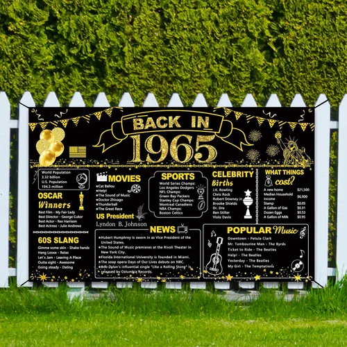 Miniatura 8 de DARUNAXY Decoración de fiesta de 61 cumpleaños negro y dorado, cartel de "Back in 1965" para fiesta de cumpleaños de 61 años, suministros de póster