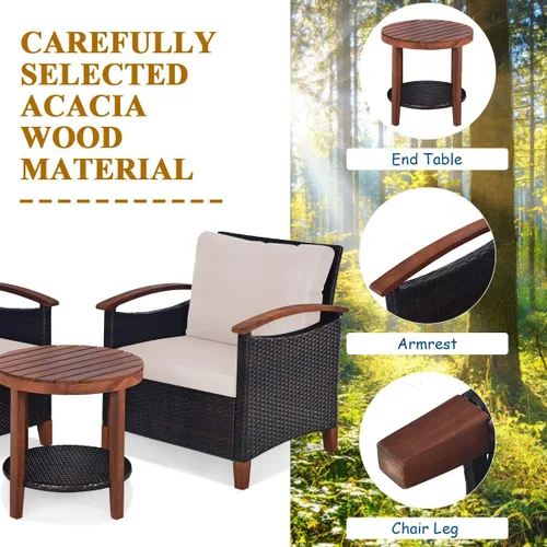 Miniatura 6 de Tangkula Juego de muebles de patio de 3 piezas, sofá y mesa auxiliar de ratán para exteriores con marco de madera de acacia maciza, juego de bistró