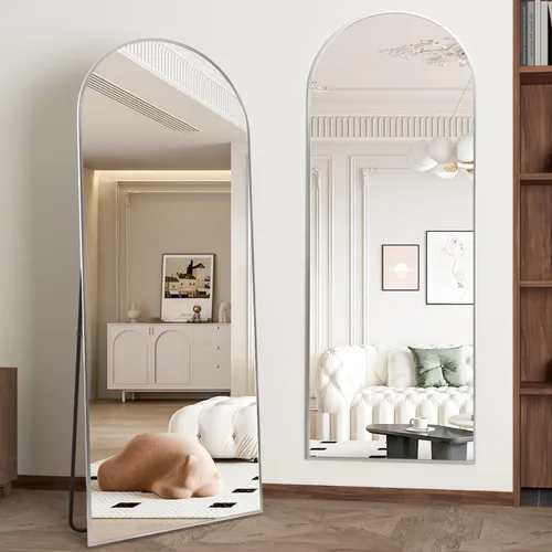 Miniatura 2 de Espejo de longitud completa de 56 x 16 pulgadas, espejo arqueado con soporte de pared, espejo de cuerpo completo plateado, para colocar de pie, Plata