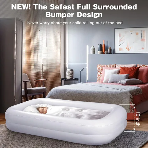 Miniatura 2 de USHMA Cama de viaje para niños pequeños [4 lados] Colchón de aire reversible de 2 colores para niños Cama inflable para niños Cama de viaje