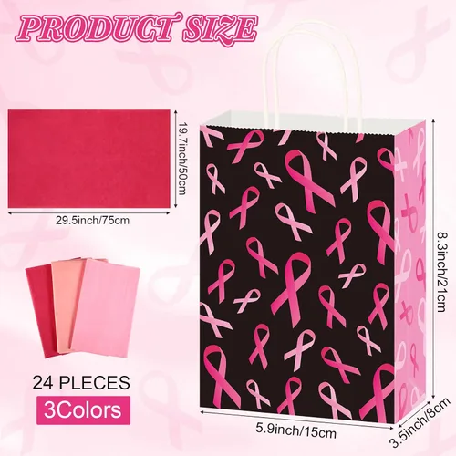 Miniatura 2 de Pajean 24 bolsas de regalo para concientización sobre el cáncer de mama con papel de seda, bolsas de regalo de cinta rosa, bolsas de golosinas