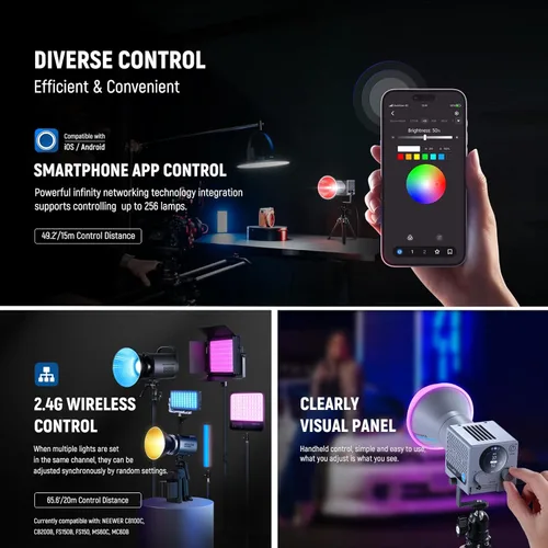 Miniatura 5 de NEEWER Luz de video LED RGB portátil de 60W Luz de mano de relleno, control APP/2.4G/Panel 18 escenas 8700Lux/1m 2700-6500K CRI97+ Regulable COB