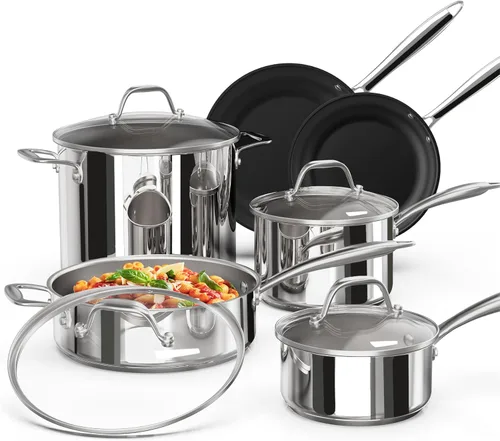 Miniatura 8 de Ciwete Juego completo de utensilios de cocina de acero inoxidable 18/10 de triple capa, juego de 10 piezas de elegantes ollas y sartenes de cobre