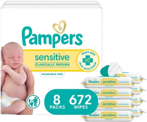 Pampers Toallitas para bebé, sensibles, a base de agua, clínicamente probadas, hipoalergénicas y sin perfume para bebés, 672 toallitas en total (8