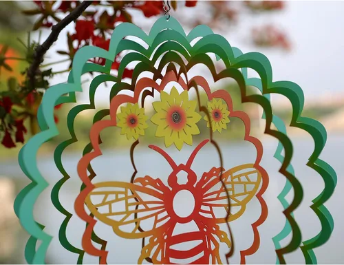 Miniatura 5 de Kinetic - Adorno colgante de metal 3D con diseño de abeja y viento para el hogar y el jardín, diseño de mandala de abeja de 12 pulgadas, molinos