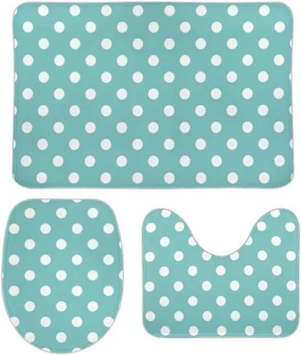 Juego de 3 alfombras de baño con diseño de lunares, color azul aguamarina, antideslizante, con contorno en forma de U y tapa de inodoro
