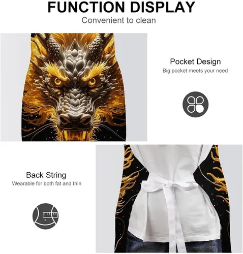 Miniatura 6 de MUSM Apron for Adults - 27.6 X 31.5 Inch, Heavy-Duty Polyester Aprons with Two Large Pockets, Waterproof Golden Dragon Head Kitchen Apron for
