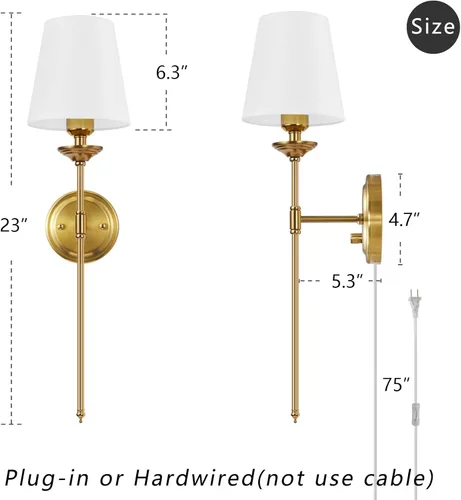 Miniatura 5 de Juego de 2 apliques de pared regulables enchufables, lámpara de pared dorada para mesita de noche con interruptor regulador de perilla y cable
