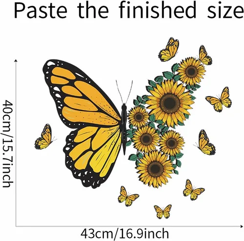 Miniatura 3 de Calcomanías de pared cálidas de girasol y mariposas, diseño de mariposas amarillas, calcomanías de pared removibles de vinilo para despegar y pegar
