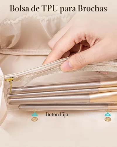 Miniatura 6 de Vlando Bolsa de maquillaje de viaje, neceser para mujer, piel sintética, abierta, plana, bolsa de maquillaje, Clásico elegante