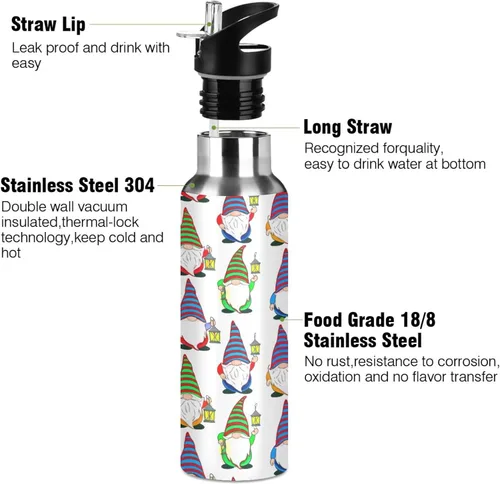 Miniatura 3 de Insulated Stainless Steel Water Bottle with Straw 20 Oz, Leakproof Water Bottles for Gym Outdoor Travel School, Cute Gnomes